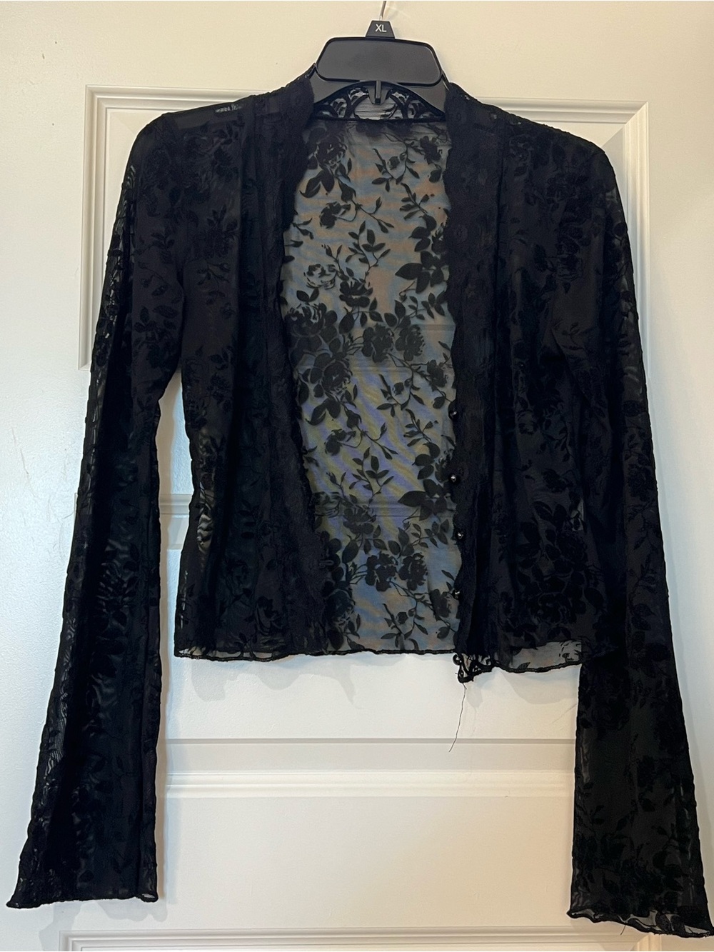Women’s Black Sheer Floral Velvet Burnout Bell-Sleeve Button-Front Top Y2K Goth